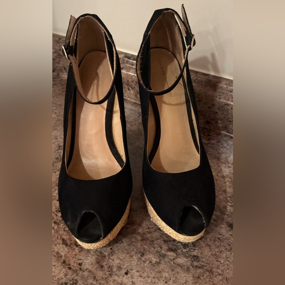 Zara Black Peep-Toe Heels with Tan Wedge